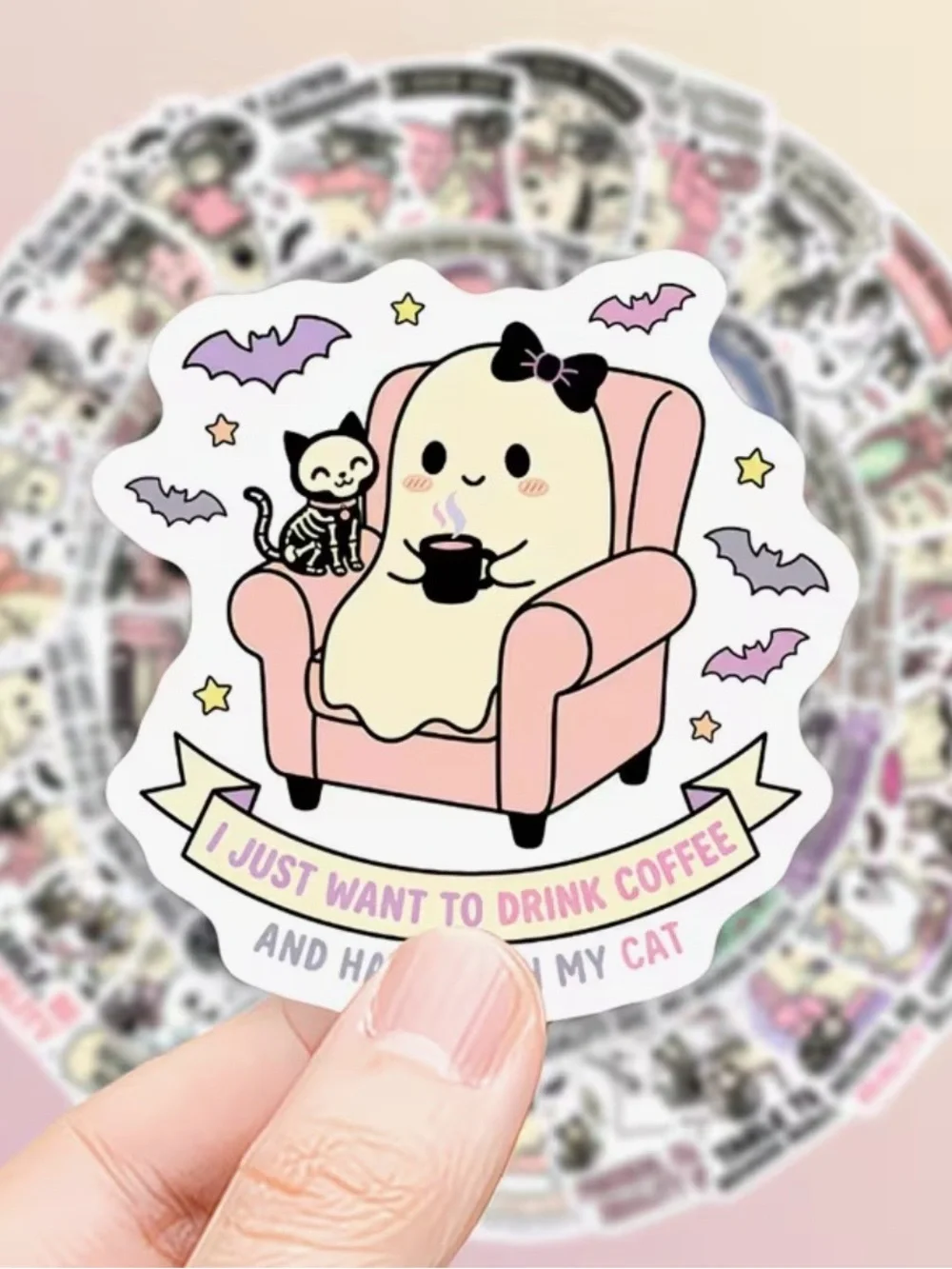 50 Cute Ghost & Her 3 Pet Cats Stickers Busy Kitty Because Reality Sucks' Pink